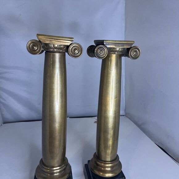 Vintage Pair of Brass Column Candlestick Holder 15” Tall MCM Very Heavy - Picture 4 of 11